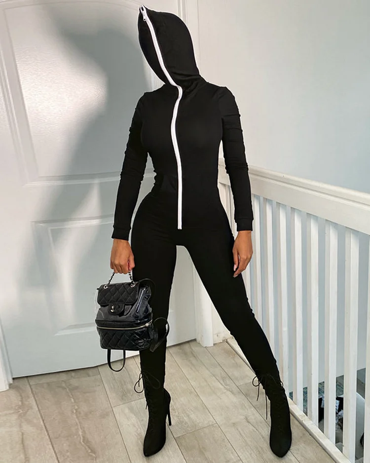 Solid Color Zipper Hooded Sports Fitness Jumpsuit