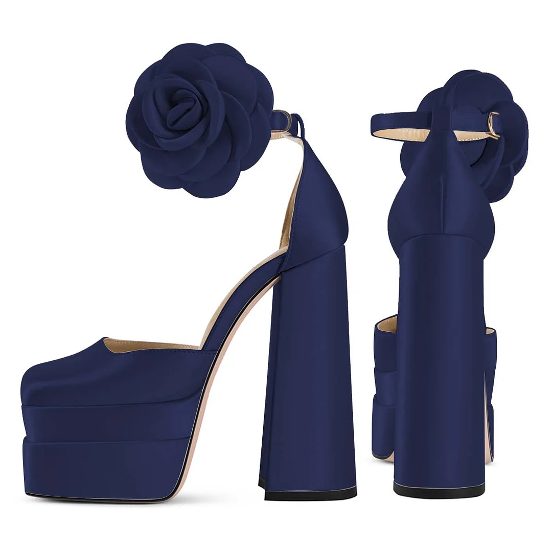 YDN Chic Navy Satin Square Toe Flower Ankle Strap Platform Heels