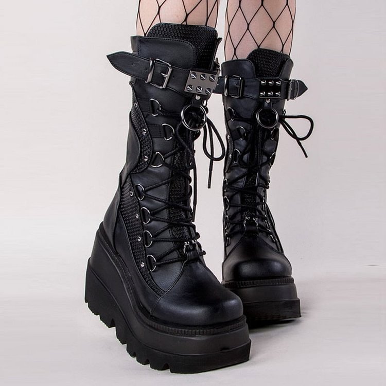 Punk Lace-Up Mid Calf Platform Boots - Gotamochi Kawaii Shop, Kawaii Clothes