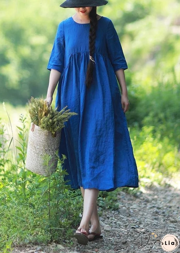 Simple O Neck Patchwork Summer Tunic Blue Vestidos De Lino Dress