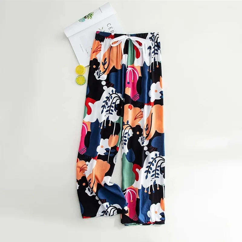 Jangj Women Spring Summer Thin Sleep Pants 2023 Home Pants Floral Printed Pajama Pants Wide Leg Loose Plus Size Calf-length Bottoms