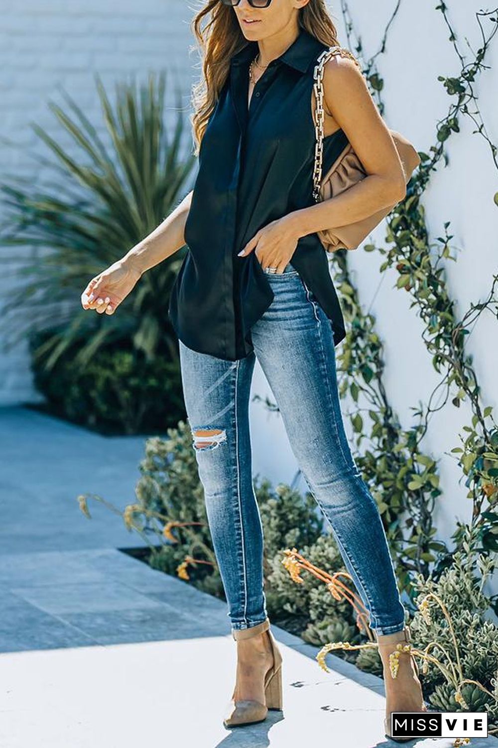 Satin Sleeveless Button Down Blouse