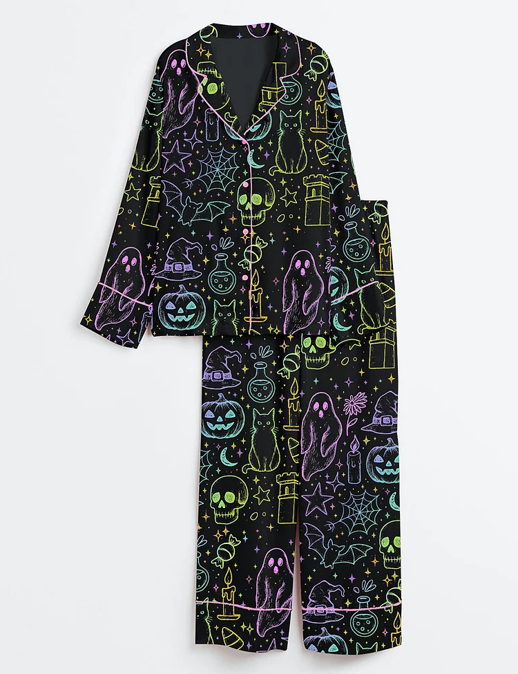 Women&rsquo;s Halloween Neon Cute Boo Ghost Coquette Spooky Season Horror Movie Horror Night Print Long Sleeve Satin Pajama Set