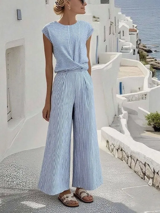 Women's Casual Round Neck Striped Printed Trousers Two-Piece Set 