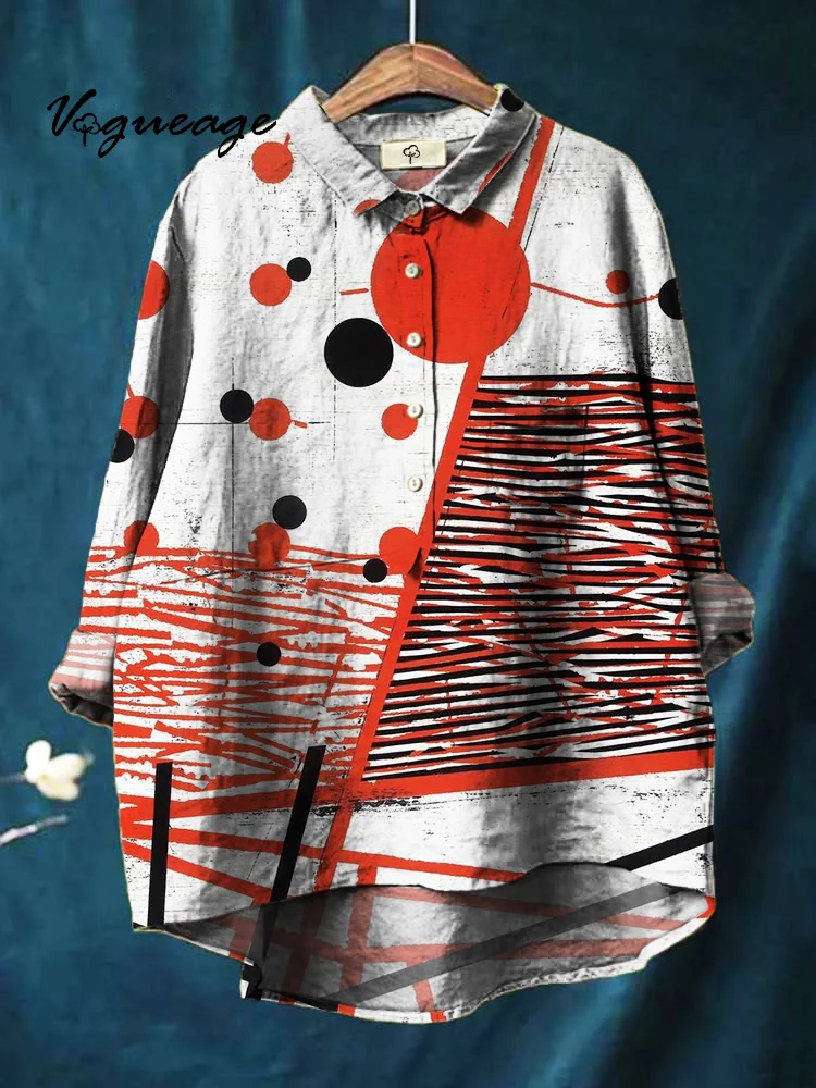 Fashionable And Simple Painted Lines And Dots Printed Cotton And Linen Shirt