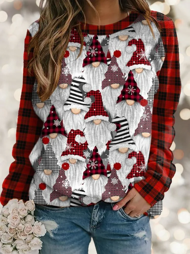 Christmas Gnome Plaid Print Crew Neck Sweatshirt