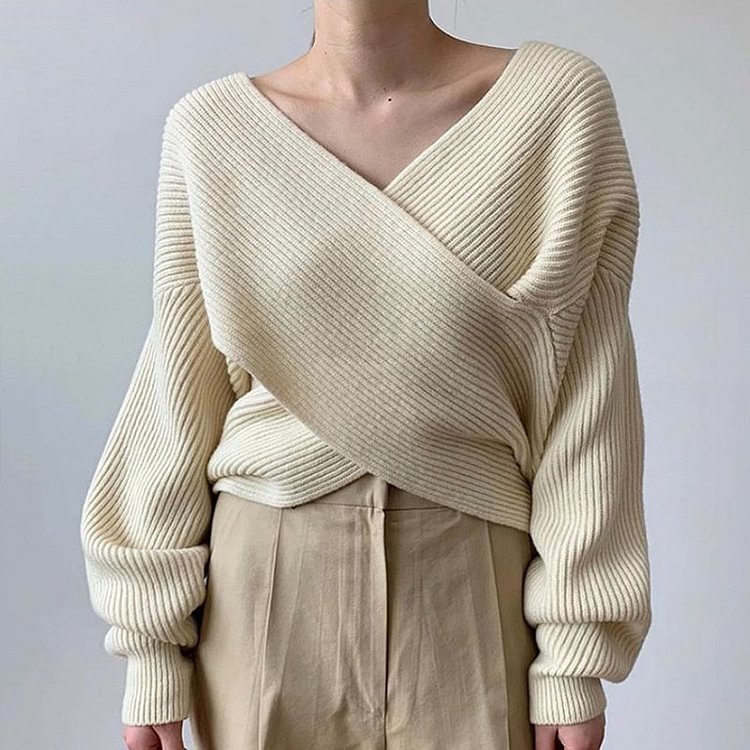 Simple Big V Neck Cross Design Loose Sweater