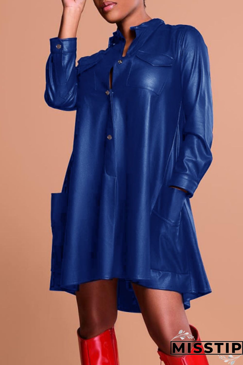 Black Casual Solid Patchwork Pocket Buckle Mandarin Collar A Line Dresses
