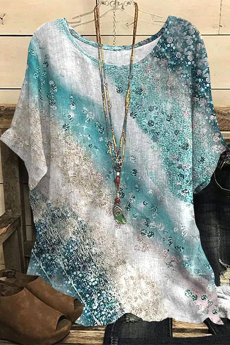 Flycurvy Plus Size Casual Cyan Cotton And Linen Ombre Texture Print Blouse  Flycurvy [product_label]