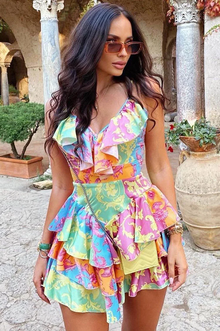 Abebey Silky Satin Summer Patchwork Ruffle V Neck Tiered Mini Sundress - Floral