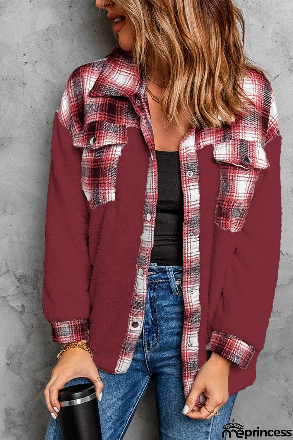 Plaid Patchwork Buttoned Pocket Sherpa Jacket