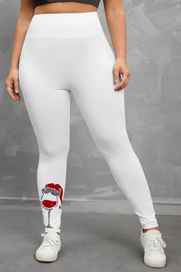 Flycurvy Plus Size Christmas Casual White Christmas Hat Red Wine Glass Print Legging  Flycurvy [product_label]