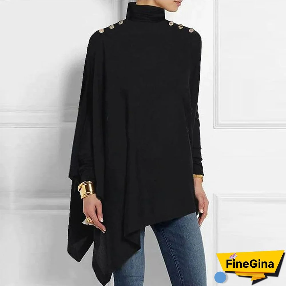 Black Button Shoulder Asymmetrical Tunic Top