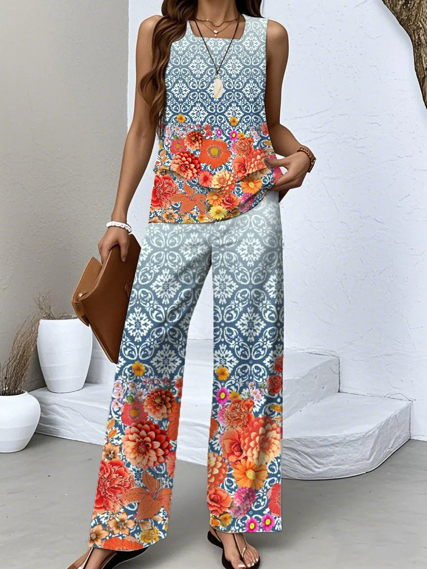Women's Sleeveless Square Collar Graphic Printed Casual Set