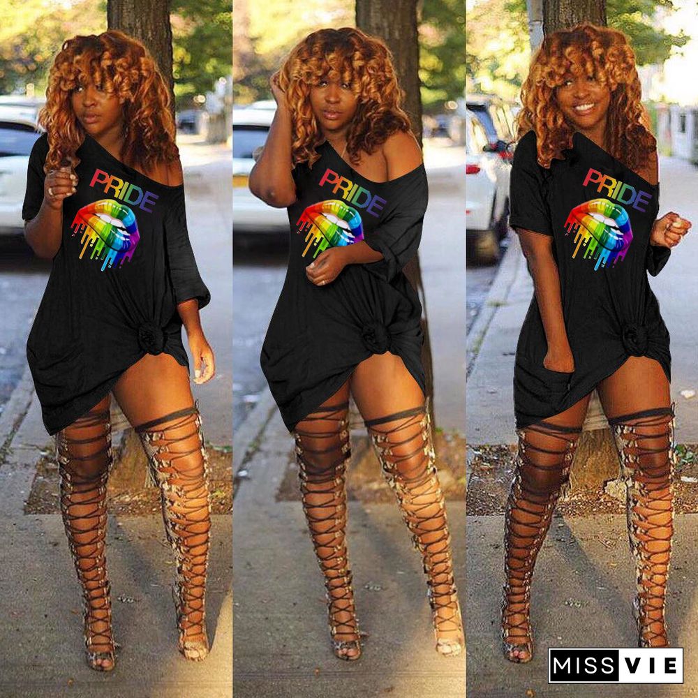 Lips Printed Sloping Shoulder Pocket Mini Leisure Dress