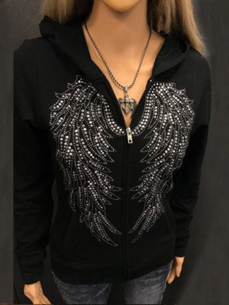 Wings hot rhinestone zipper long-sleeved retro street hooded jacket women