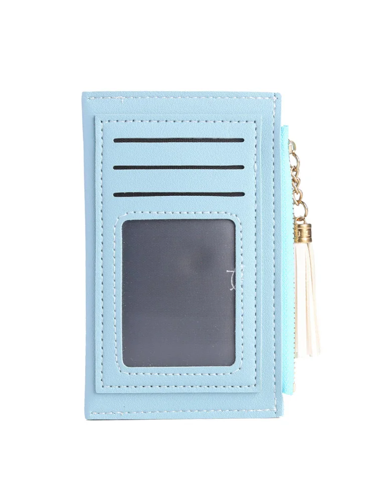 PU Solid Wallet Card Holder Bag Women Tassel Multi-slot Mini Purse (Blue)