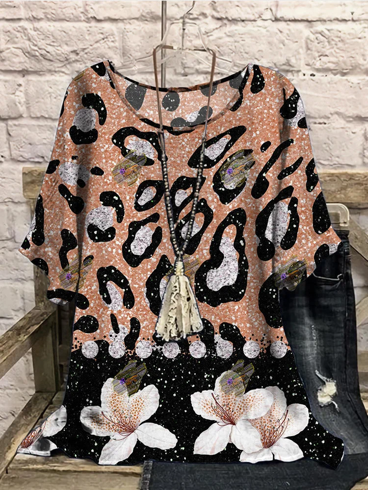 Women Half Sleeve Scoop Neck Floral Printed Stitching Yellow Women Tops