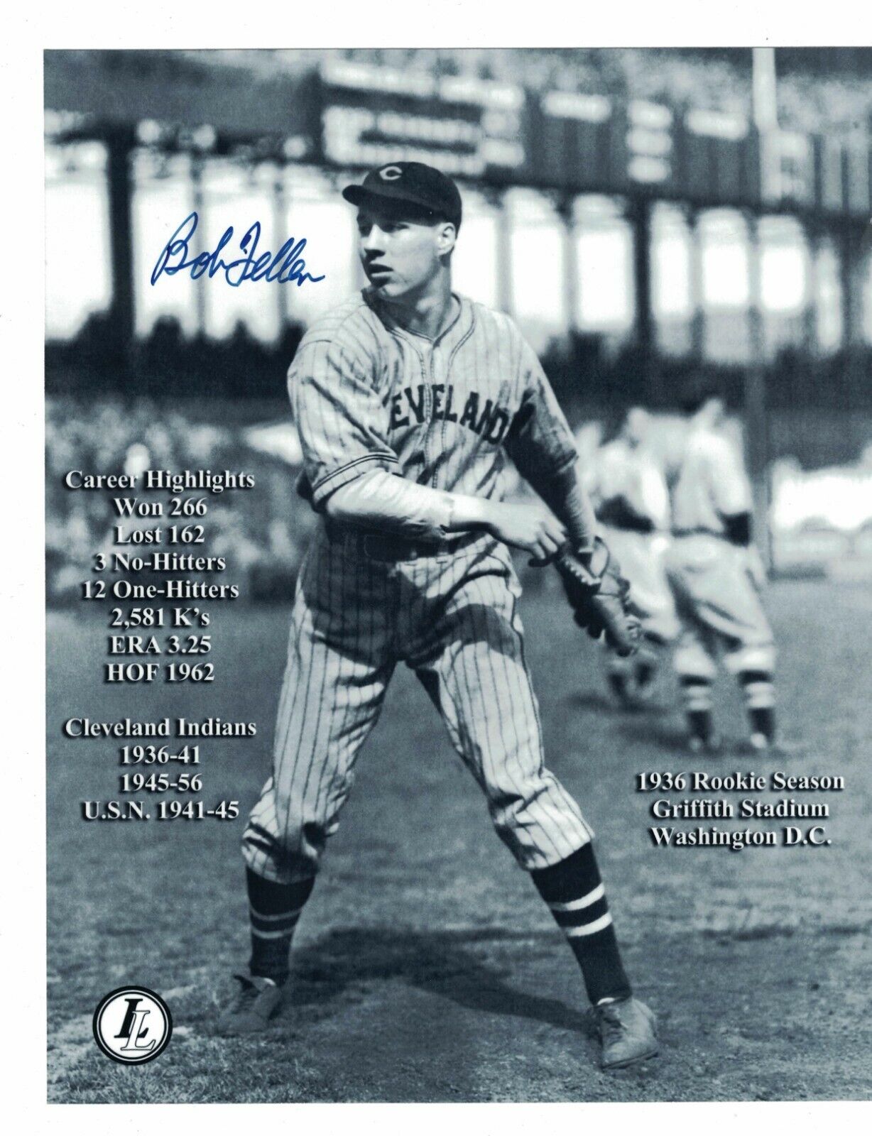 Bob Feller Cleveland Indians Signed 8 x 10