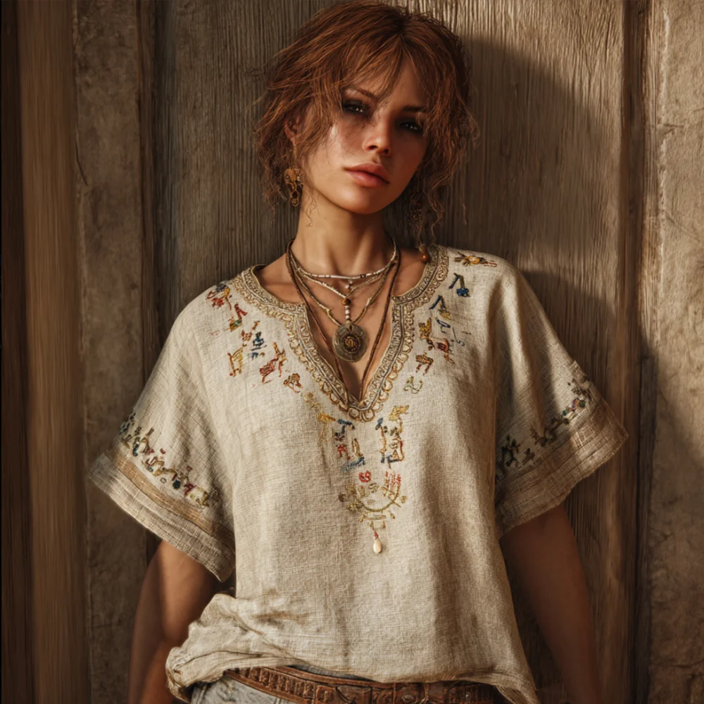 Egyptian Symbol Linen Short-sleeved Shirt