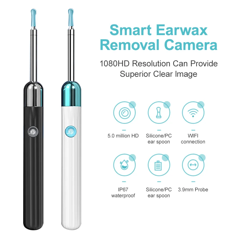 Ear Wax Removal Tool with 1080p Waterproof Ear Camera, compatable with iOS,  Android (Black)