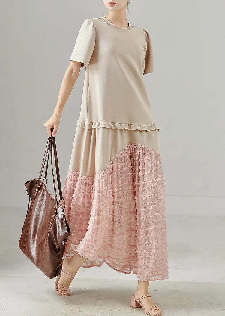 Women Apricot Ruffled Patchwork Cotton Maxi Dress Summer