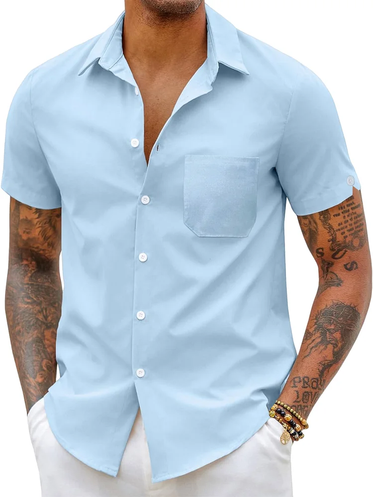Men's Cotton and Linen Sleeve Button Beach Solid Color Short Sleeve Shirt