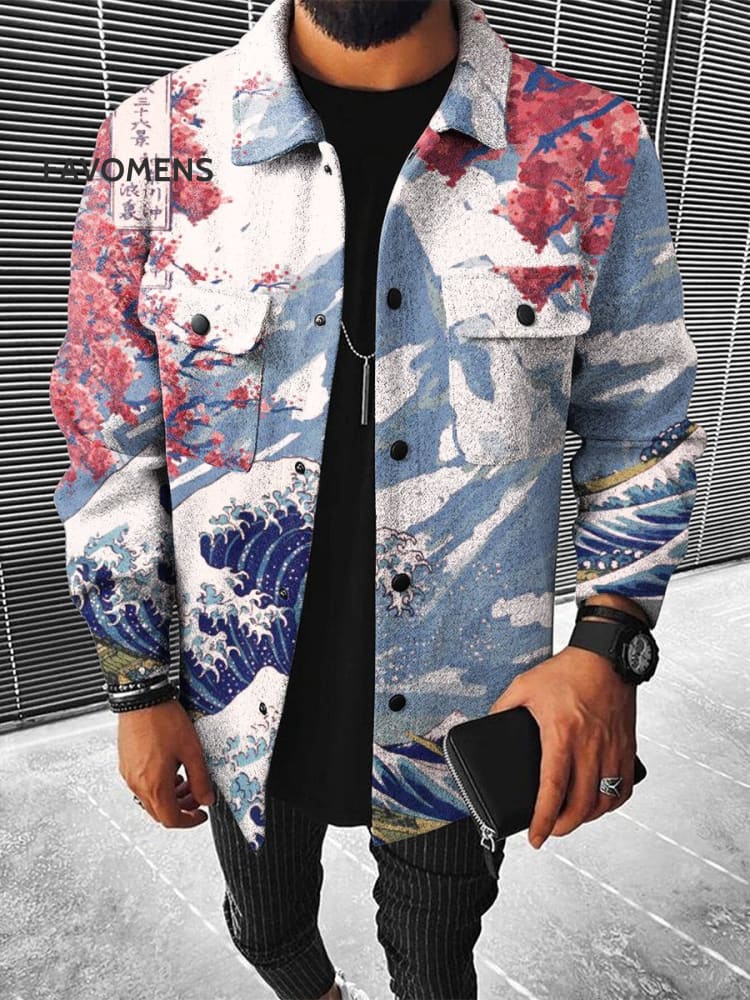 Retro Japanese Ukiyo-E Art Print Casual Jacket Multicolor / S