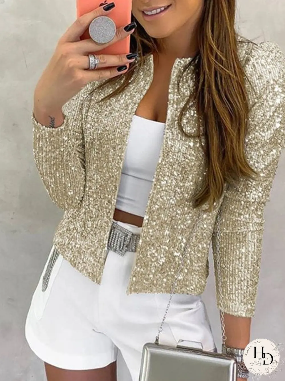 Long Sleeve Open Front Sequin Coat