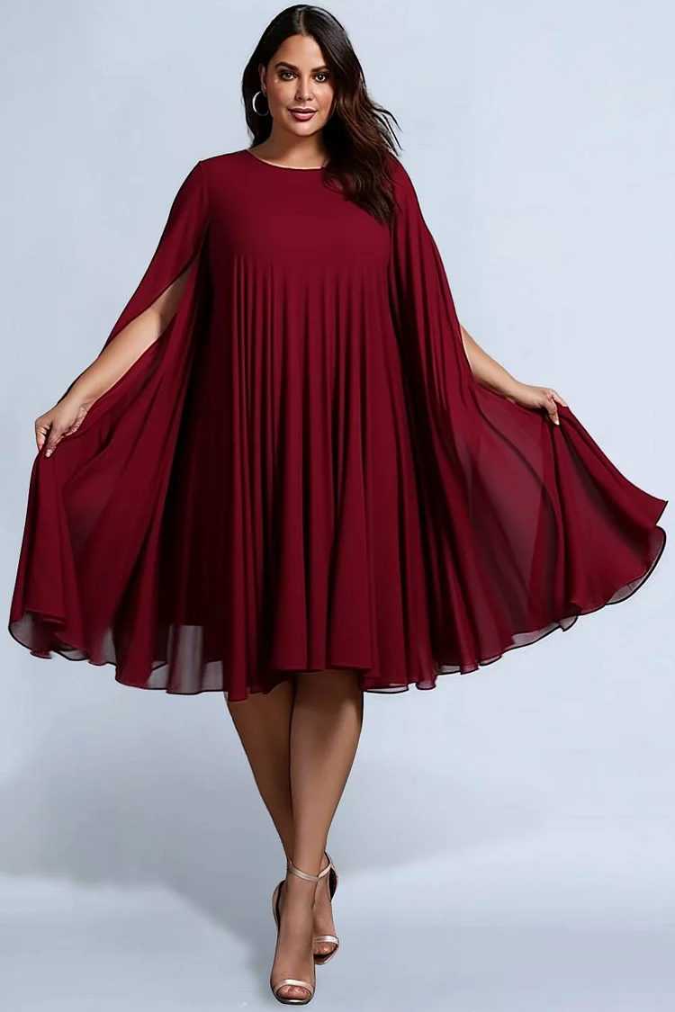 Xpluswear Design Plus Size Semi Formal Elegant Burgundy Round Neck Cape Sleeve Pleated Knitted Midi Dresses 