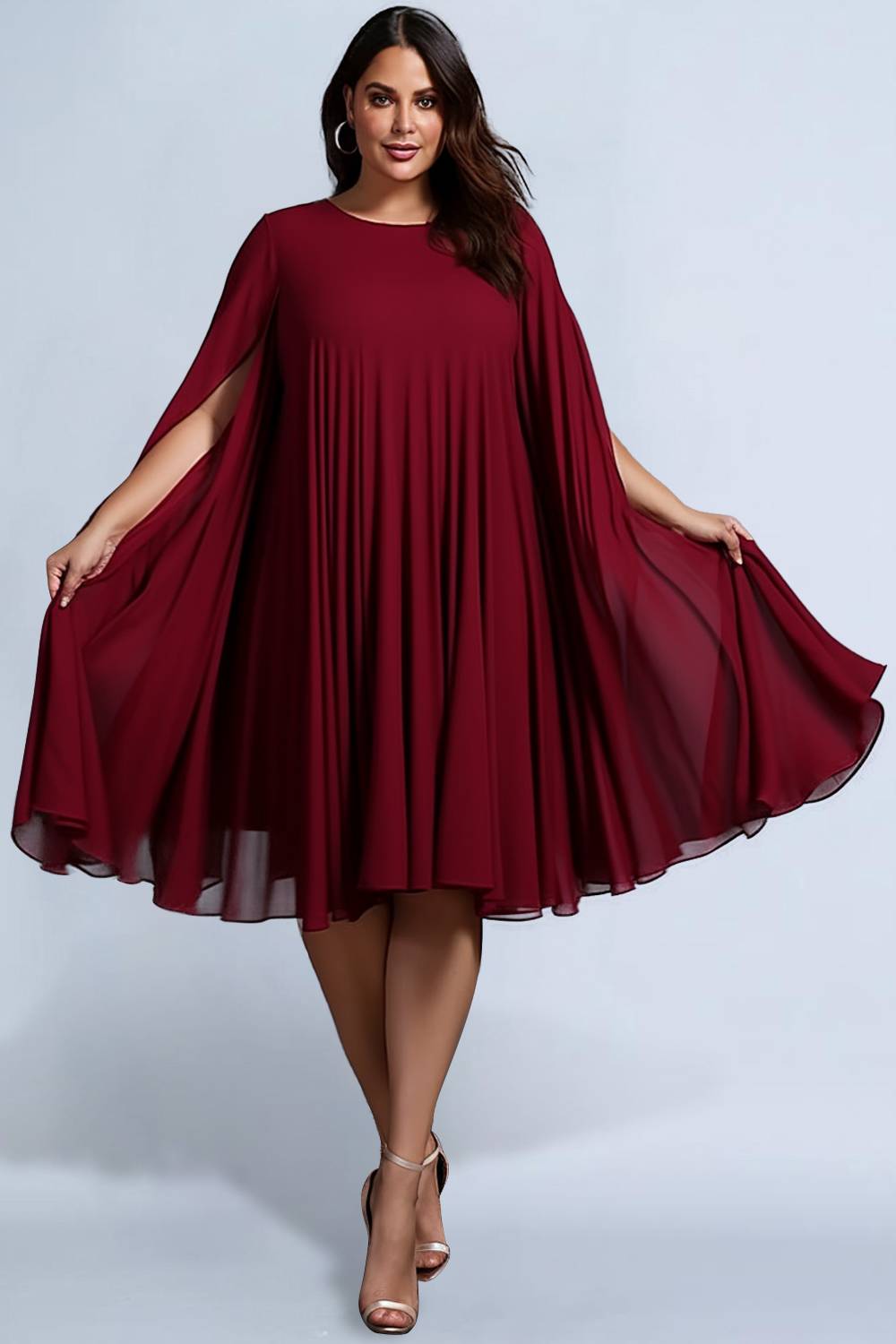 Design Plus Size Semi Formal Elegant Burgundy Round Neck Cape Sleeve Pleated Knitted Midi Dresses [Pre-Order]