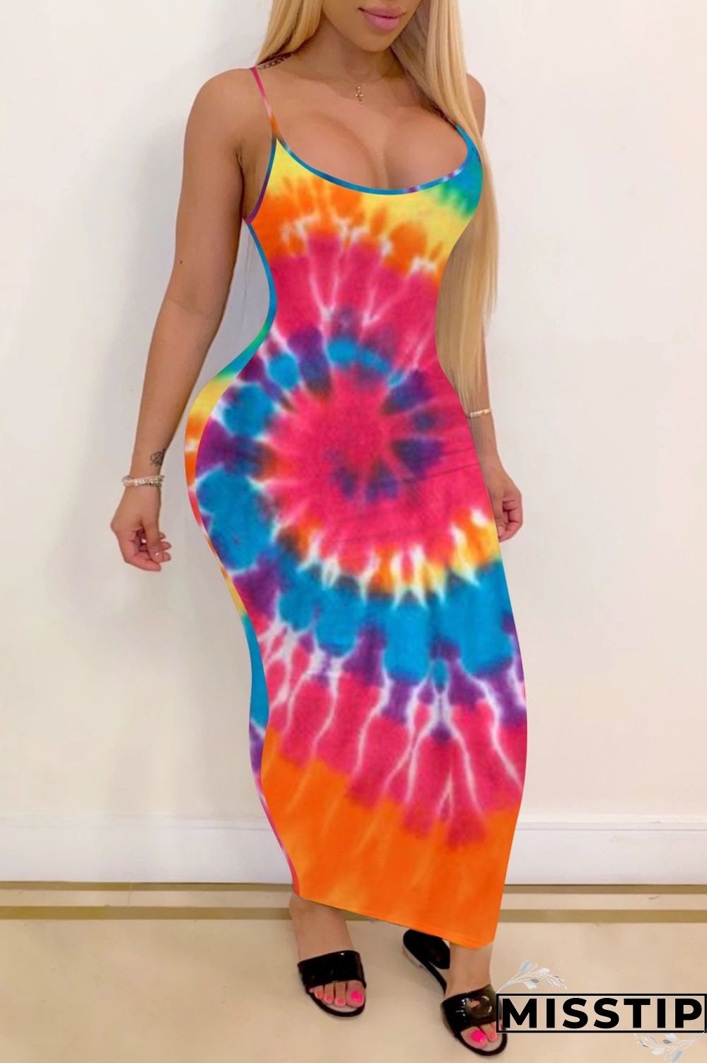 Pink Sexy Print Tie Dye Backless Spaghetti Strap Long Dress Dresses