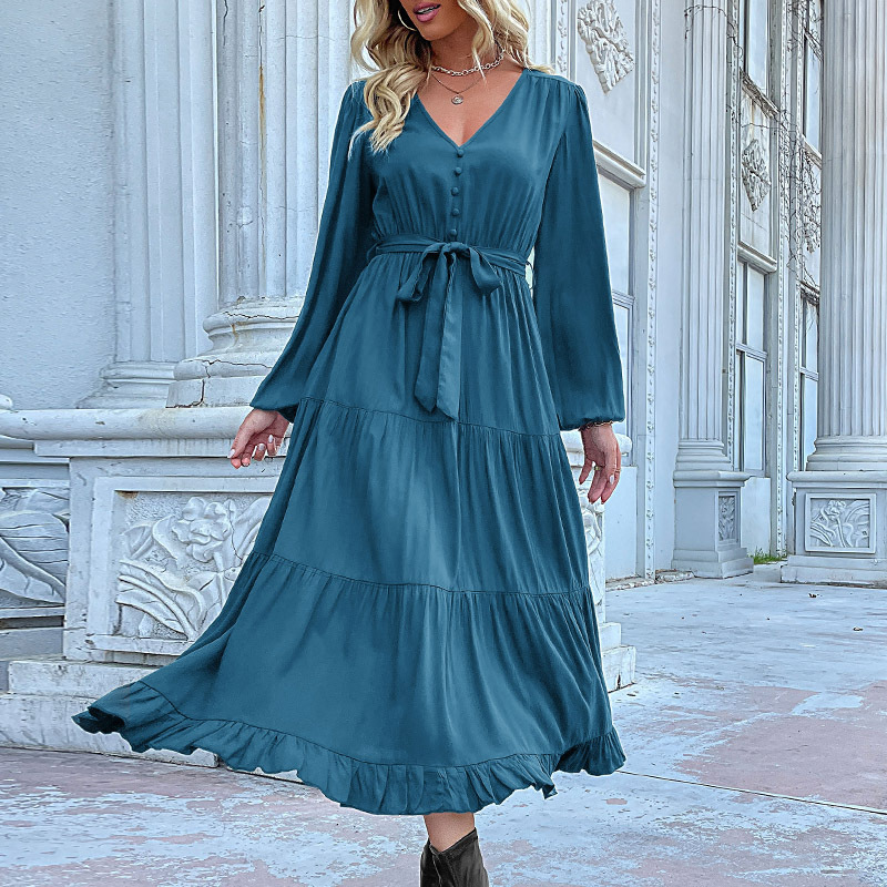 Mature Women Casual Summer Woven V-Neck Long-Sleeved Pleated Maxi Dress