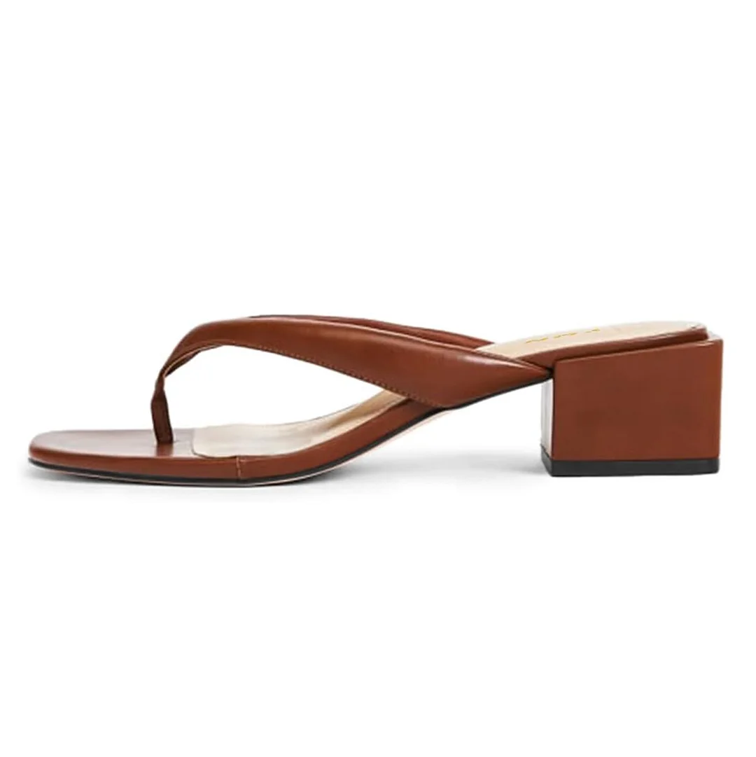 Brown Vegan Leather Open Square Toe Flip Flop Block Heel Slide Sandals