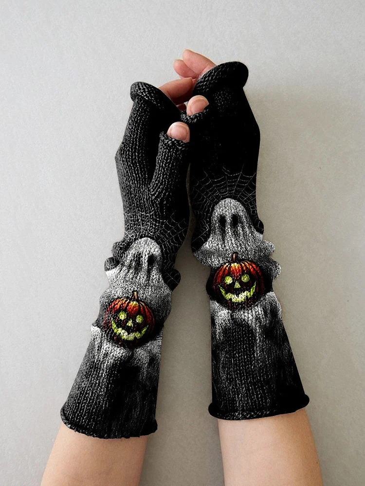 Knit Ghost Pumpkin Spider Web Art Printing Fingerless Gloves
