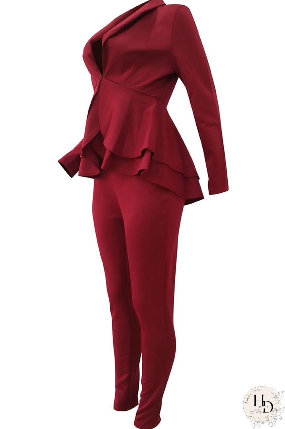 Black Casual Two Piece Suits Patchwork ruffle Solid pencil Long Sleeve