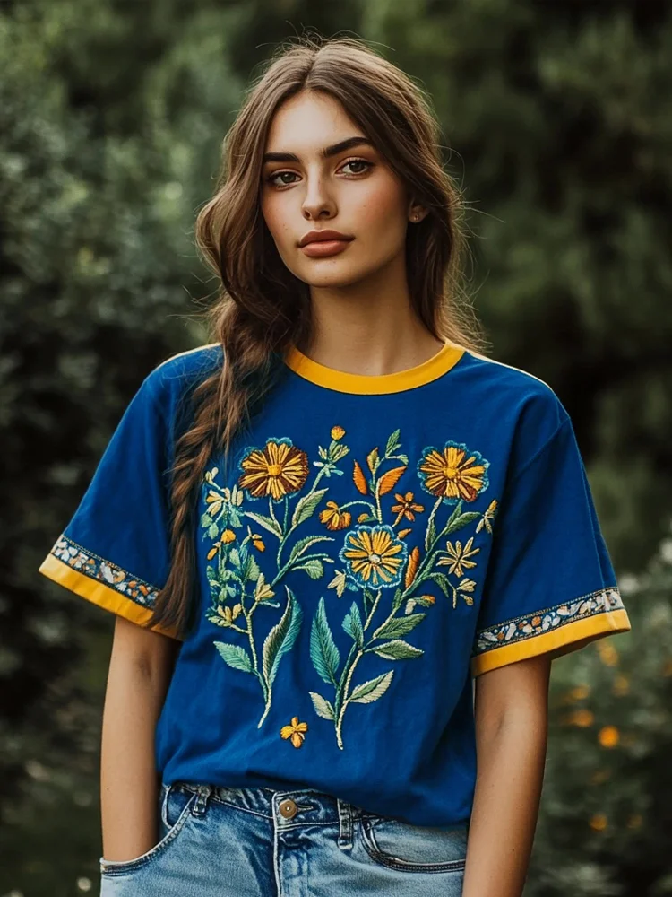 Ukrainian Folk Floral Embroidered Short Sleeve T Shirt