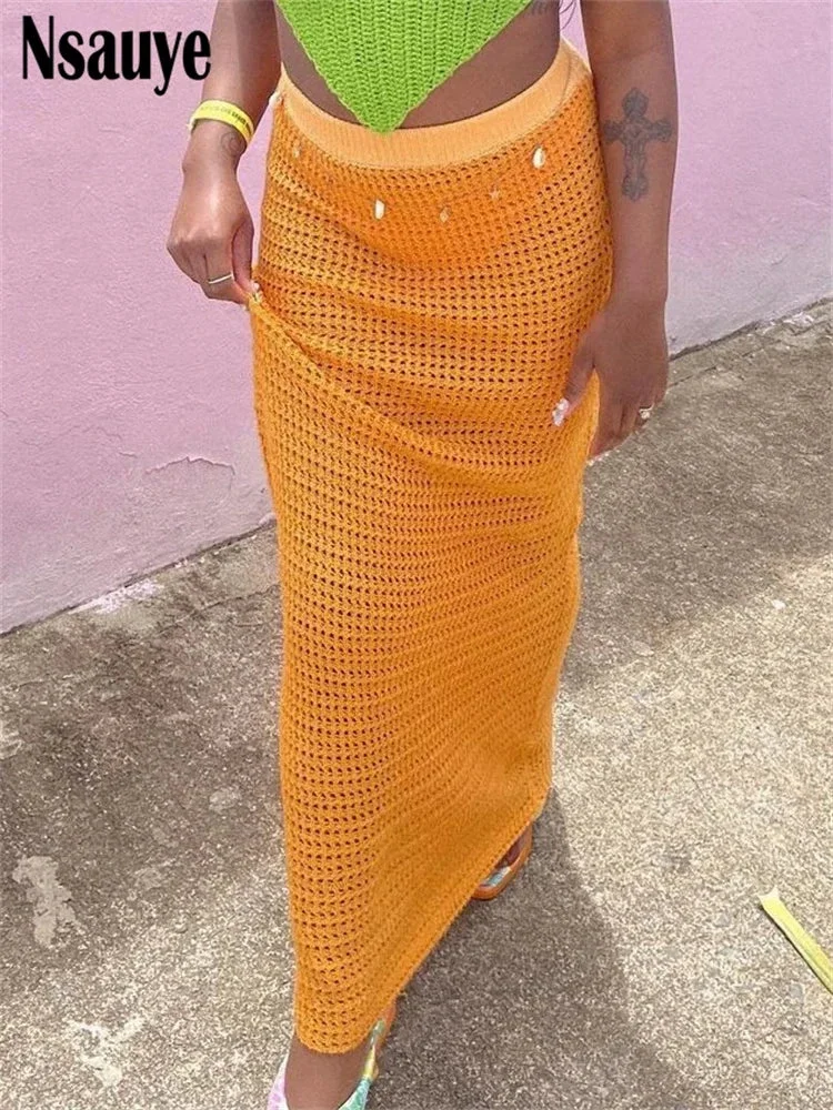 Oocharger 2024 Fashion Knitted Y2K Aesthetic Boho Beach Party High Waist Long Dress Sexy Women Hollow Out Maxi Skirt Vintage Summer