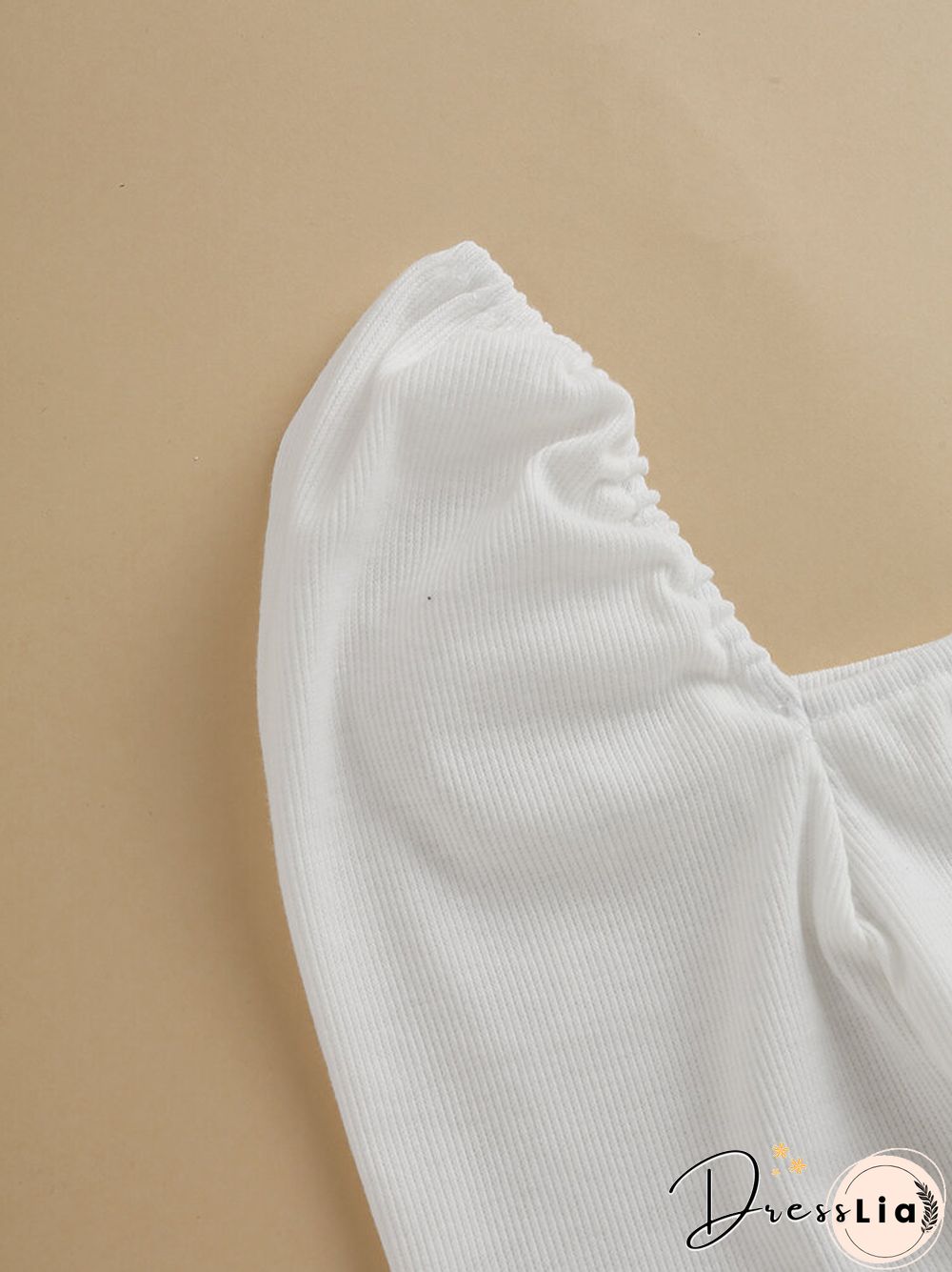 Solid Puff Short Sleeve Slit Square Collar Crop Top