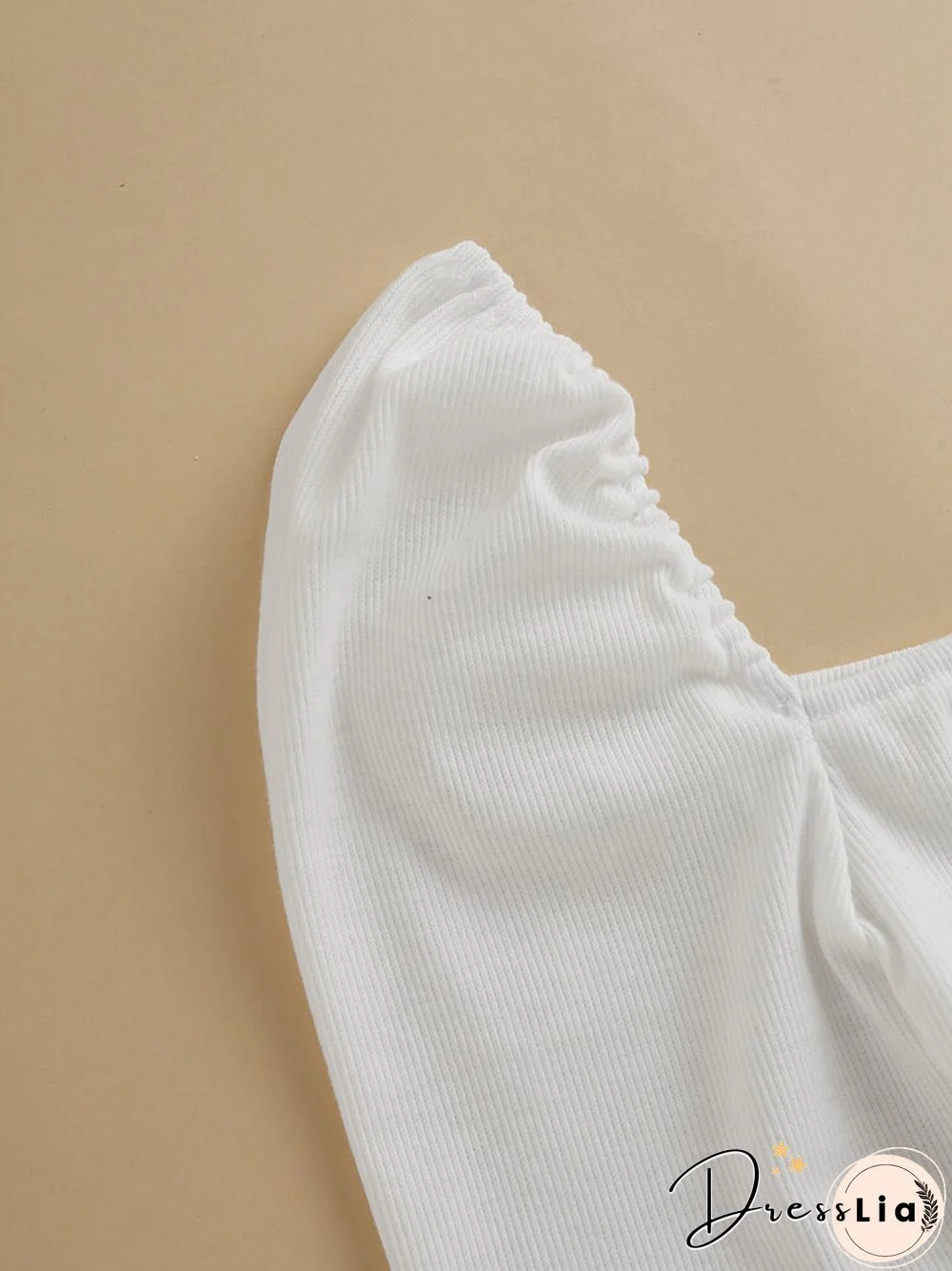 Solid Puff Short Sleeve Slit Square Collar Crop Top