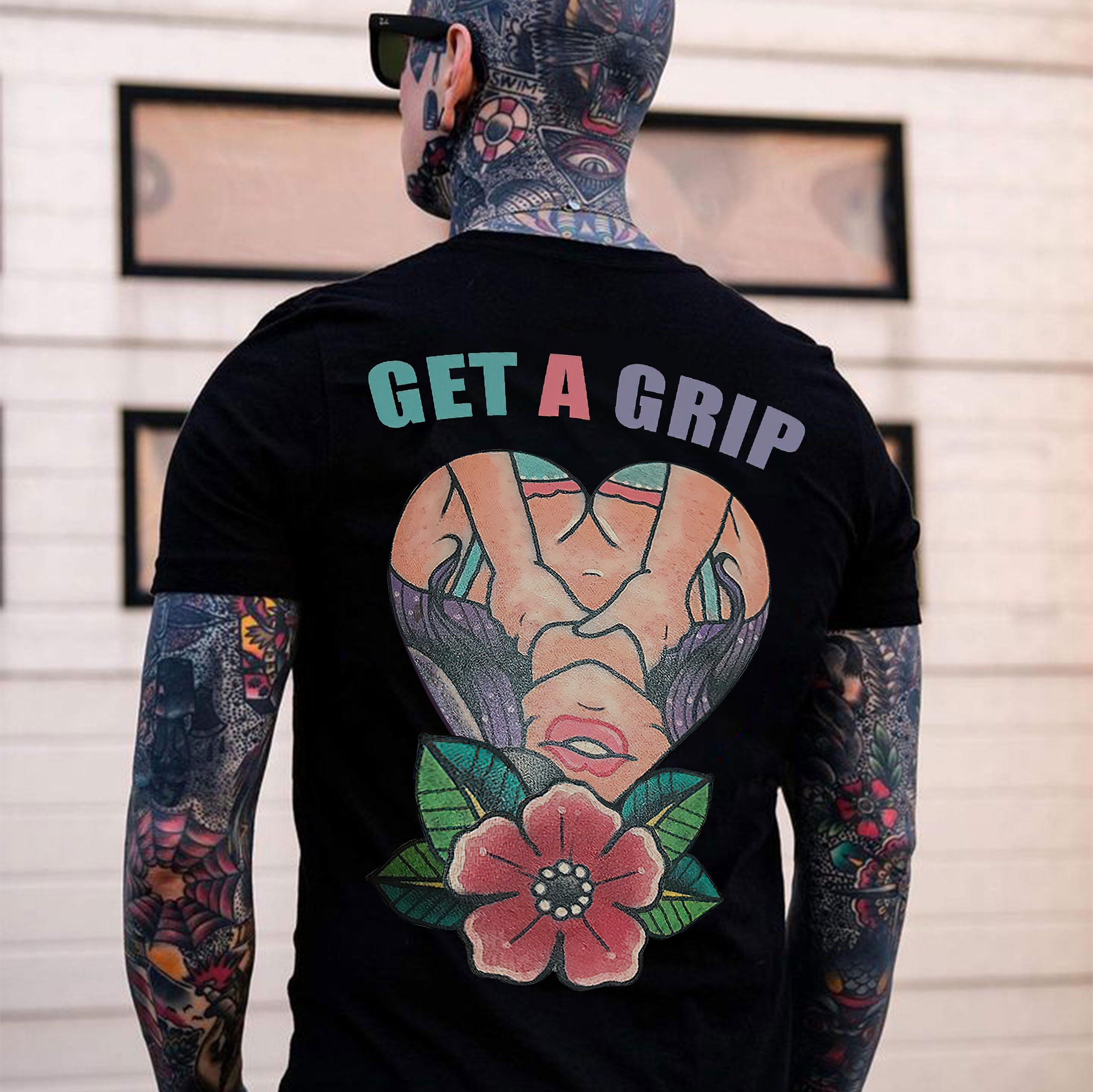 GET A GRIP Sexy Lady with Rose Black Print T-shirt