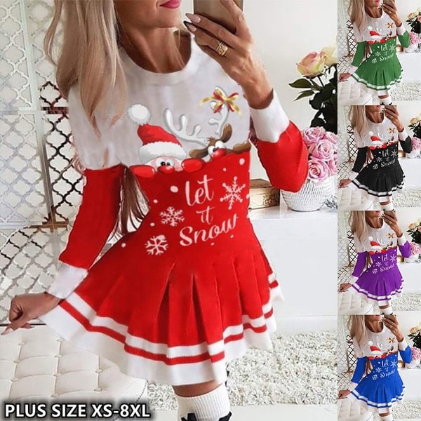 New Plus Size Fashion Women's Round Neck Dresses Merry Christmas Striped Mixed Print Pleated Dresses Casual Dresses Party Dresses - Shop Trendy Women's Fashion | TeeYours