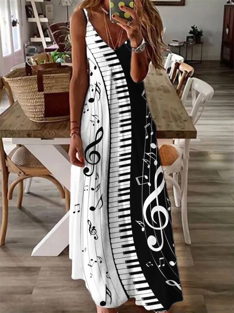 VChics Music Notes Piano Keys Contrast Cami Maxi Dress