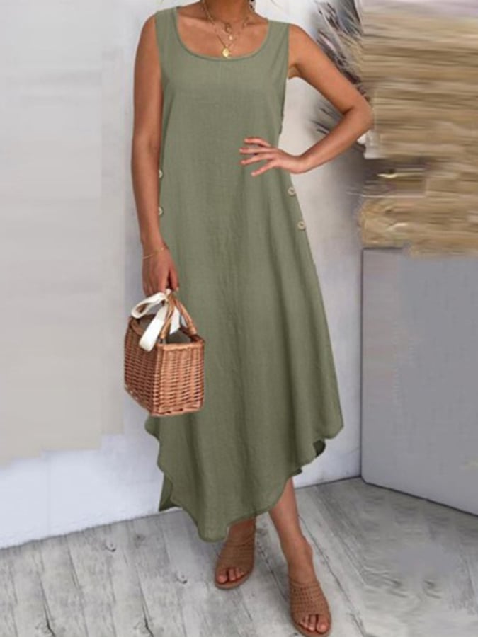 Ladies Cotton Linen Solid Color Button Irregular Hem Dress