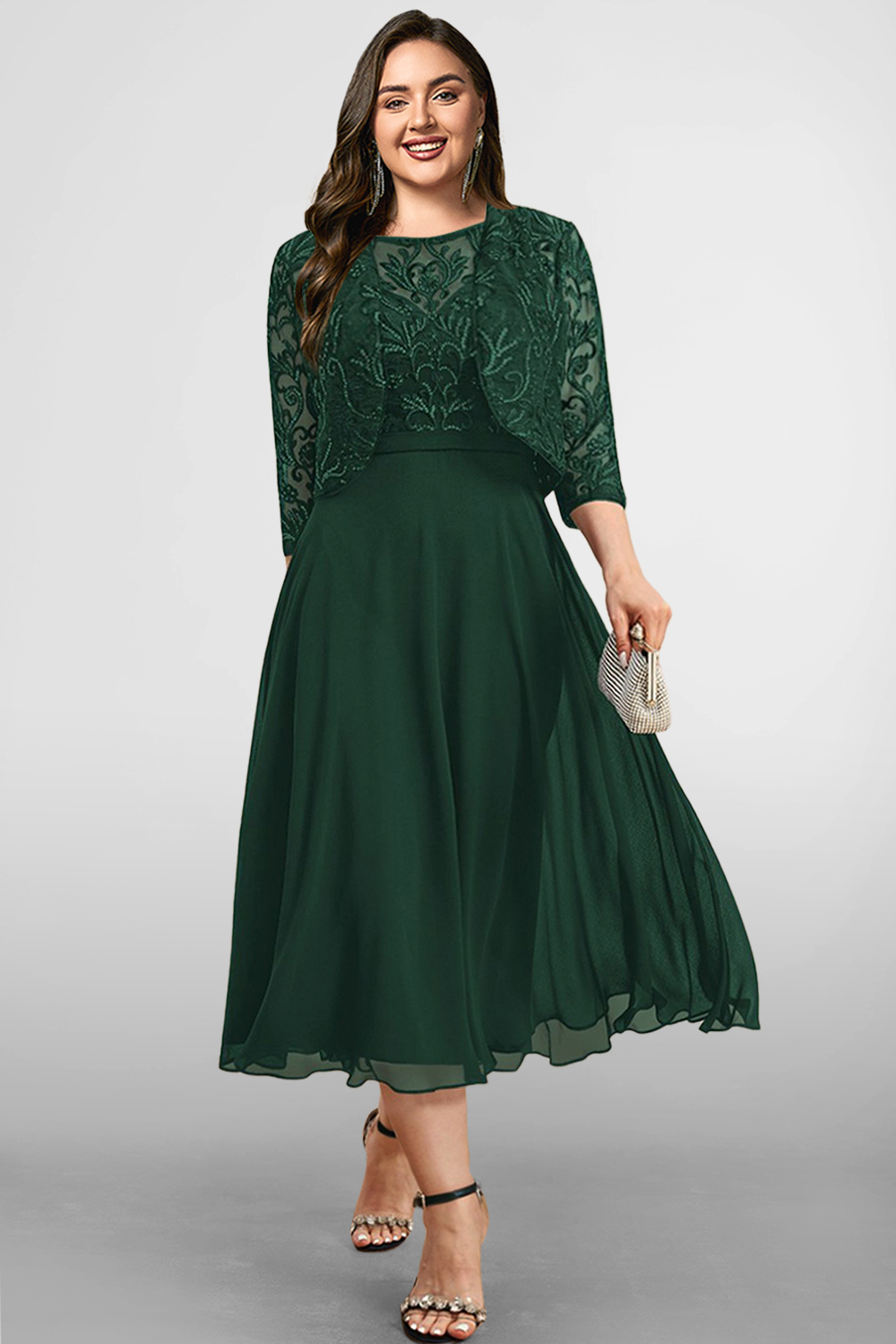 Flycurvy Plus Size Wedding Guest Dark Green Chiffon Lace Two Piece Tea-Length Dress With Jacket