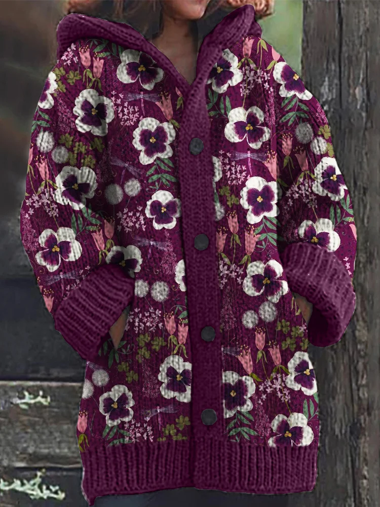 Comstylish Pansy Floral Cozy Knit Hooded Cardigan