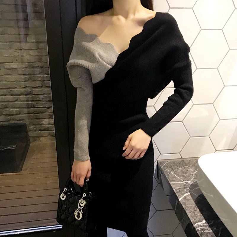 Women's Clothing Sexy V-neck Long Sleeve Mid-length Knitted Sweater Dress