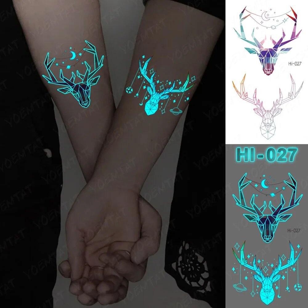 Sdrawing Luminous Glow Tattoo Sticker Pink Feather Waterproof Temporary Tatoo Butterfly Deer Wrist Fake Tatto For Body Art Women Men
