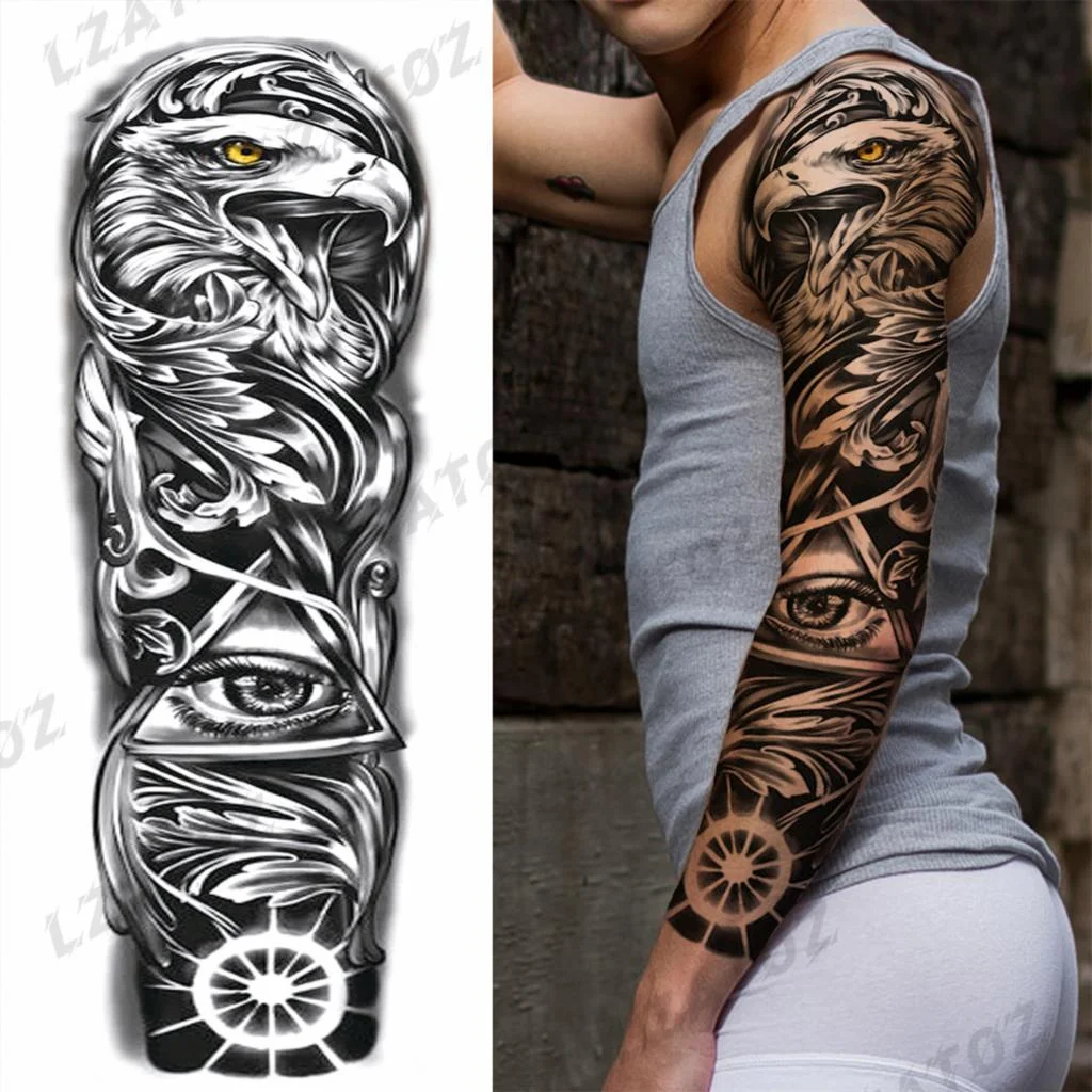 Sdrawing Sleeve Temporary Tattoos For Men Women Realistic Pirate Ship Wolf Tiger Skull Rose Flower Fake Tattoo Sticker Arm Tatoos