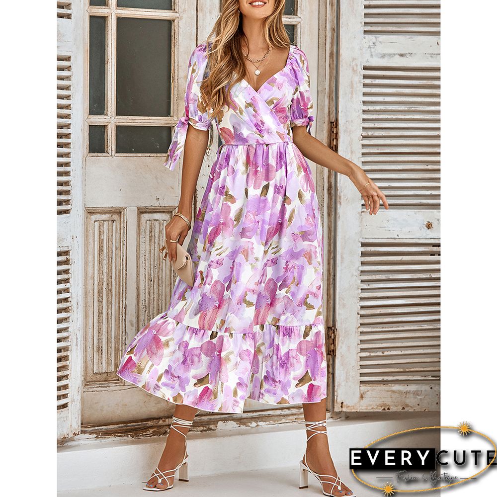 Purple Pink Floral Print Puff Sleeve Long Dress